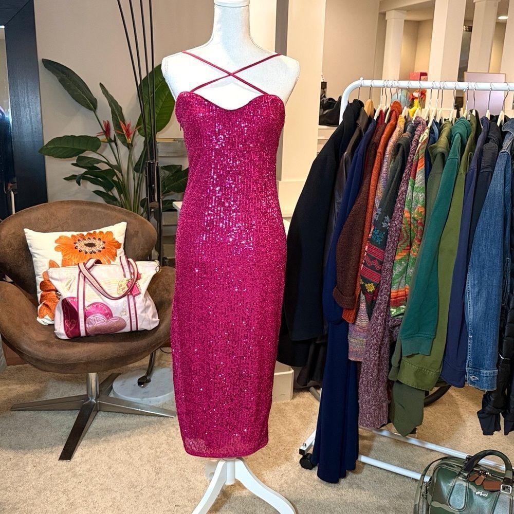REVOLVE MAJORELLE MIDI BODYCON DRESS HOT PINK SEQUINS CONVERTIBLE $218 NWT SZ M
